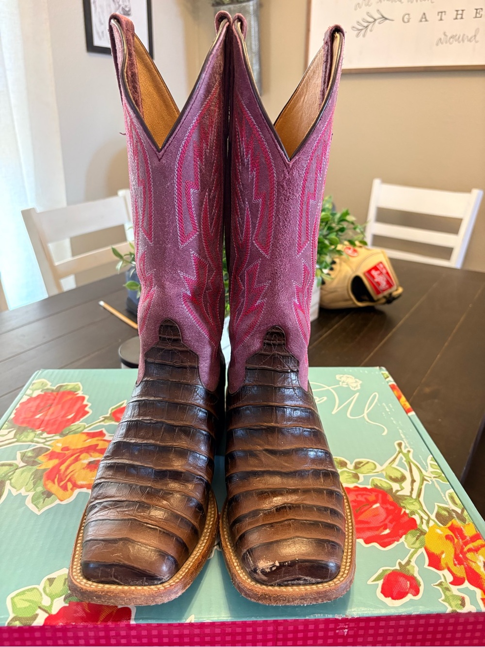 Macie Bean Brown Crocodile-Texture Leather & Purple Pink Western Boots